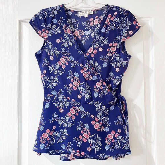 Pink Rose Tops - Pink Rose Wrap Top Floral Blue and Pink Size S